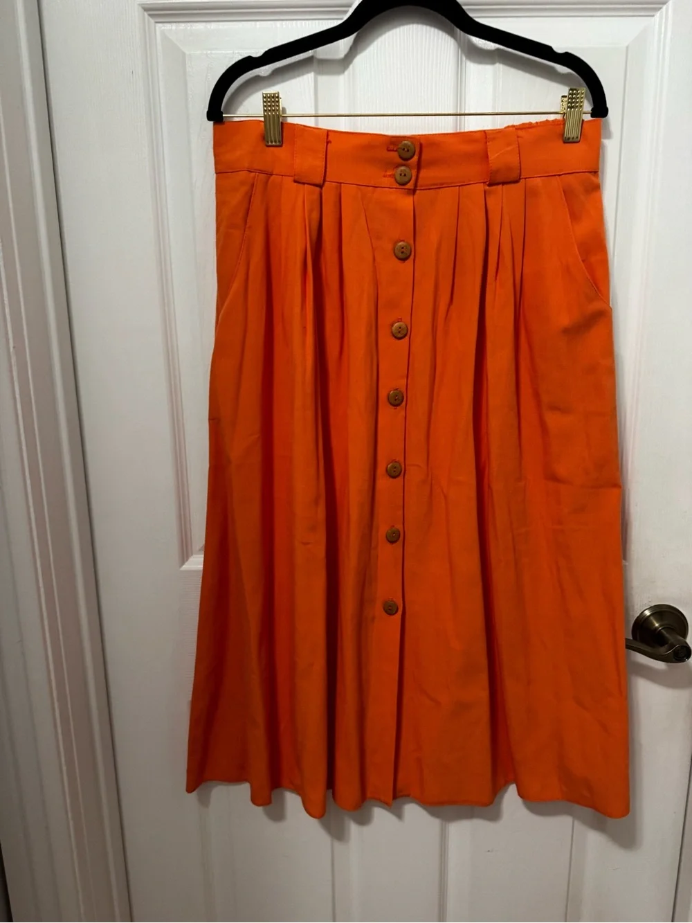Button-Front Orange Midi Skirt with Pleats